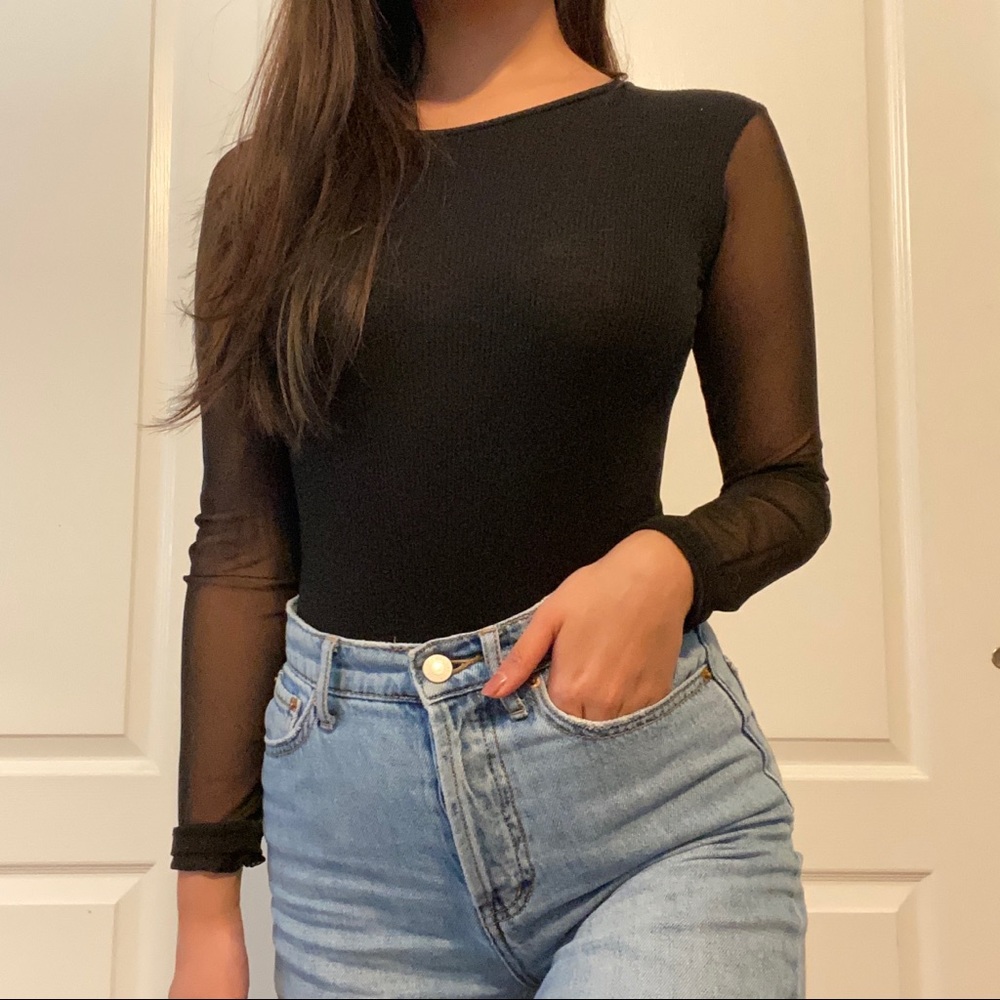 Long-Sleeve Black Bodysuit w/ Sheer Back
